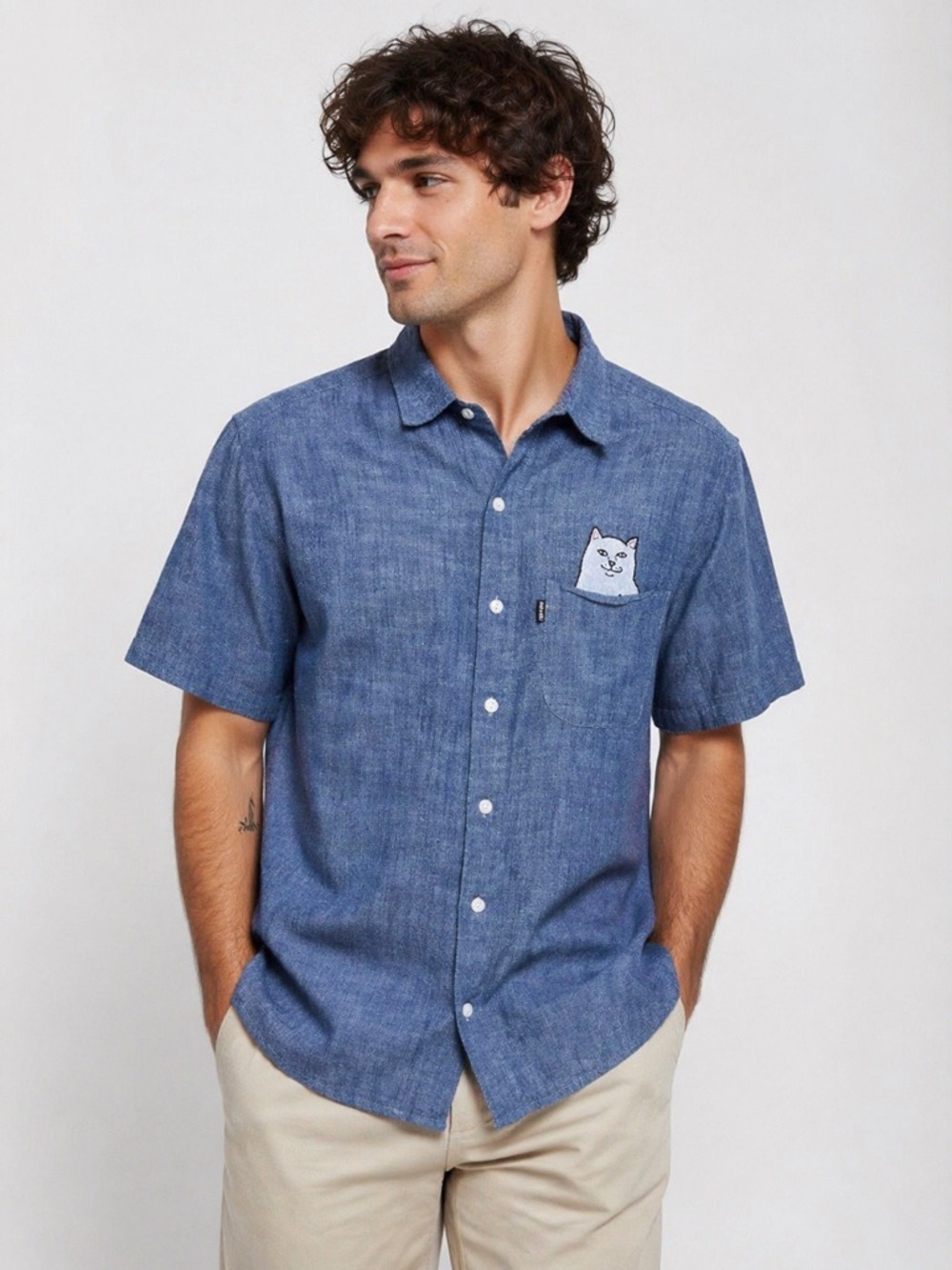 RipNDip Lord Nermal Pocket Cat Chambray Short Sleeve Button Up Men S Blue
